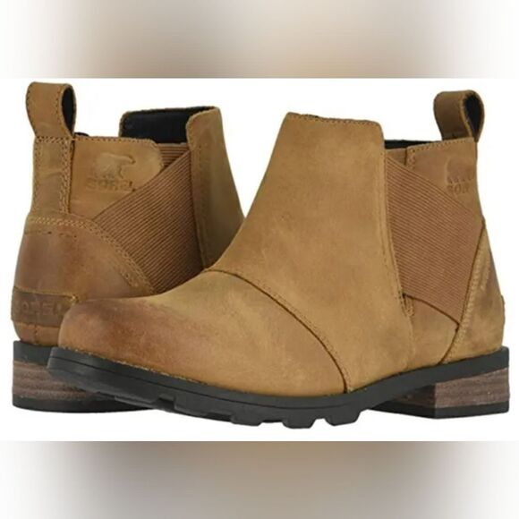 Sorel Emelie Camel Tan Brown Oiled Leather Waterproof Chelsea Ankle Boots Bootie - Picture 9 of 9